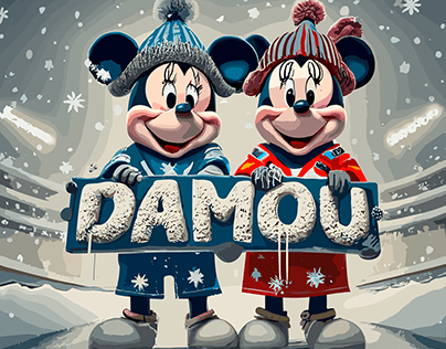 Mickey and Minnie Mouse in a snow-filled