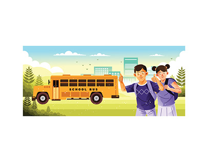 Students Go to School with the Bus Illustration