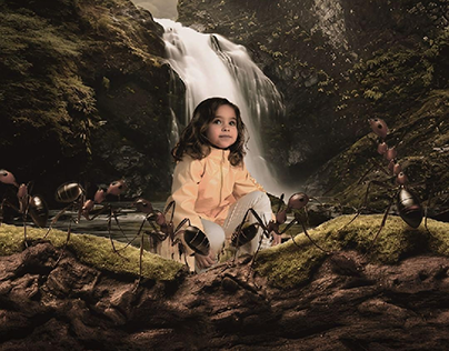 photomerge girl with ants in waterfall