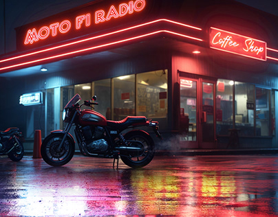 Lofi cafe and parked motorcycle