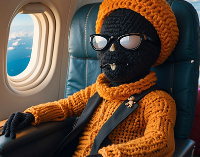 Crocheted anthropomorphic riding in an airplane