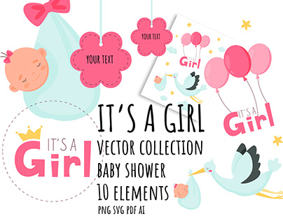 It's a girl. Collection vector cliparts. Baby shower.