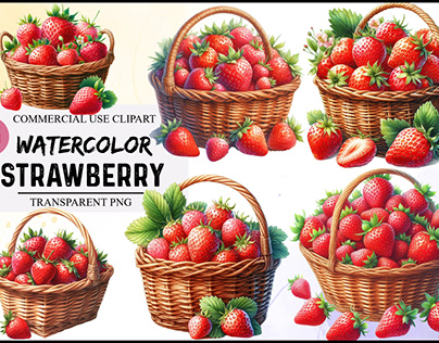 Watercolor Strawberry Basket Clipart