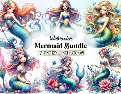 Watercolor Mermaid Clipart Bundle