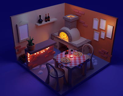 3D Isometric Night Lighting Pizza Place