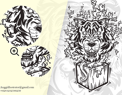 tiger head doodle black white illustration