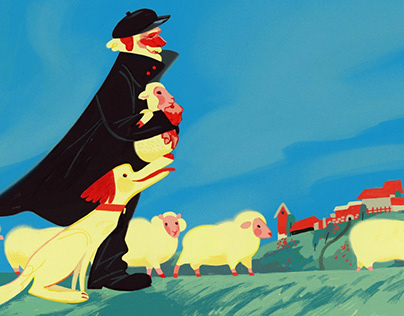 Illustration with sheep and dog.