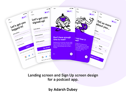 Landing & Sign Up UI/UX Design for an audiobook app.