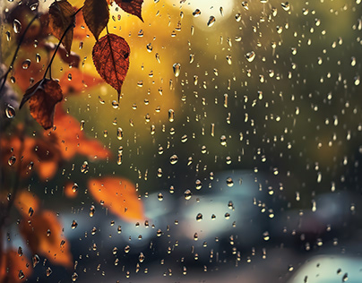 Rain drops on window with autumn leaves
