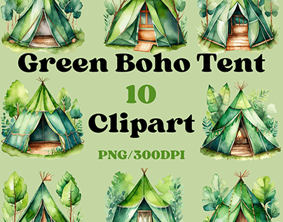 Green Boho Tent Watercolor Clipart
