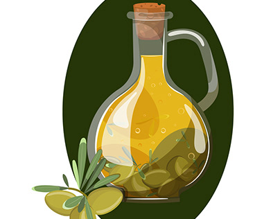 Glass jug with oil and olives with leaves on a branch.