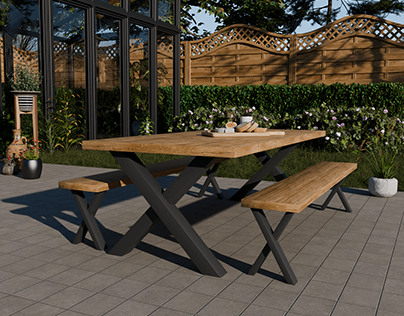 table with X legs in garden 3d render