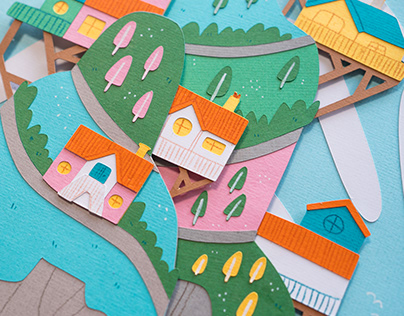 Paper Cut Island Town Illustration