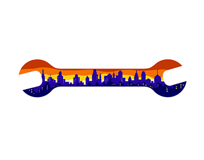 Wrench With Cityscape Buildings Silhouette Retro