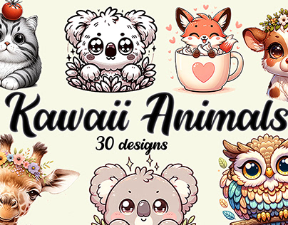 Kawaii Animals 30 Illustrations