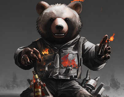 Pyromaniac bear with Molotov-cocktail