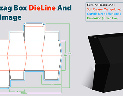 Zig zag box dieline template & 3d image
