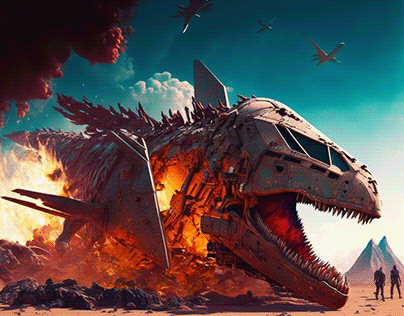 T-rex Shaped crashed Spaceship | via Midjourney Ai