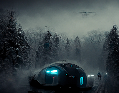 Car Concept in dark frozen forest