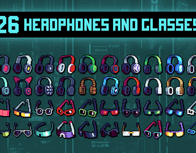 Headphones and Glasses Pixel Icon Set