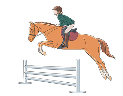 Young rider is learning on a pony show jumping
