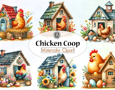 Chicken Coop Watercolor Clipart