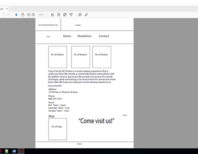 Wireframe tablet of Furry Friends Pet Theatre Website
