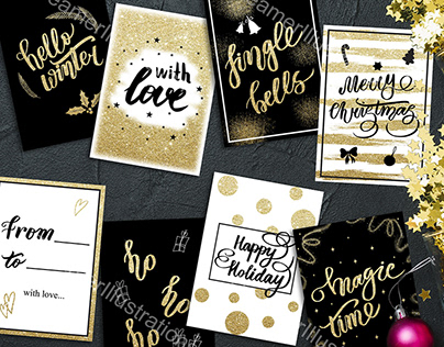 New Year and Christmas cards. Gold and black