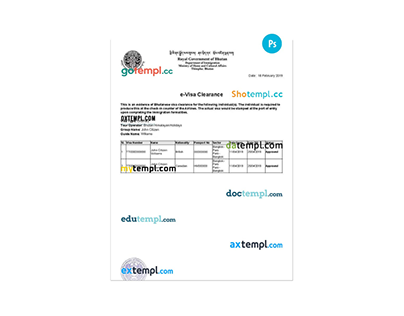 BHUTAN e-Visa PSD template, with fonts