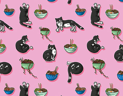 Rainy Days Cats & Noodles Pattern - Illustration