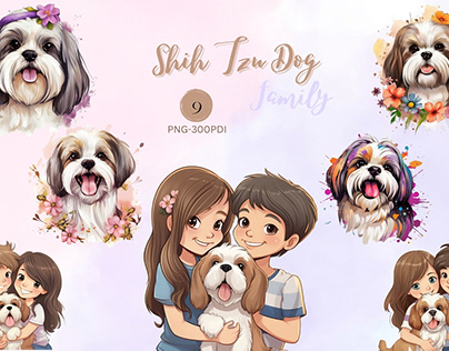 Watercolor Shih Tzu Dog Family