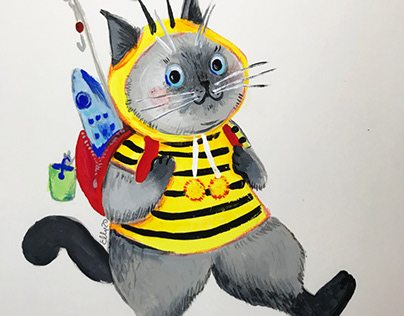 Illustration, cat, bee, character