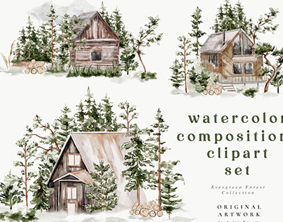 Evergreen Watercolor Forest House