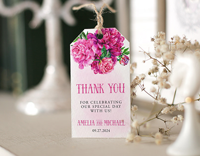 Project thumbnail - Favor tag design with magenta peonies