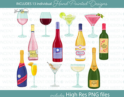 Wine and Cocktails Guoache Clipart