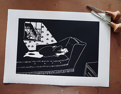 Girl On Chaise Lounge, Original Lino Handmade Print