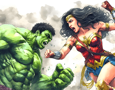 Three drawings of Wonder Woman fighting the Hulk