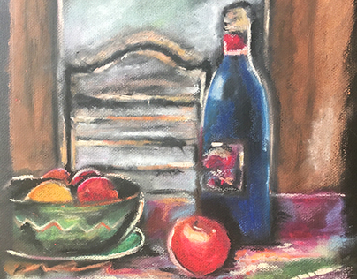 Bowl of Fruit with Bottle (1999) - Oil Pastel