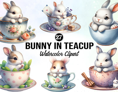 Watercolor Bunny in Teacup Clipart