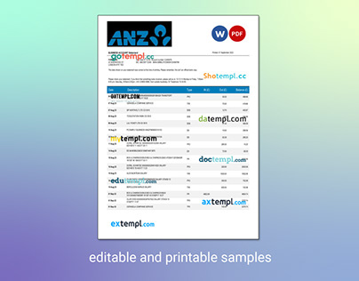 ANZ Bank corporate statement Word and PDF template