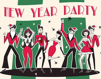 New Year party invitations in retro style of 60's-70's.