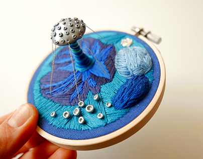 3D embroidered hoop art (polymer clay and thread)