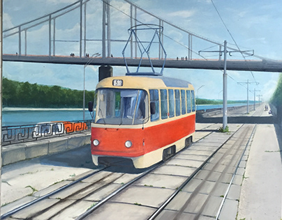 ARTWORK "Red tram" on canvas (Ukraine, KYIV, Podil)