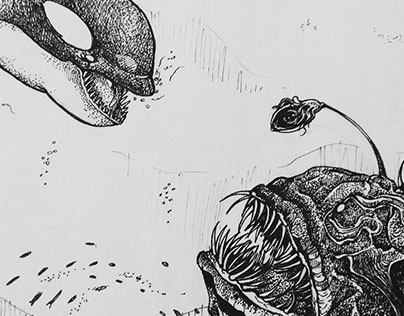Illustration Orca and Deep-sea fish (process)