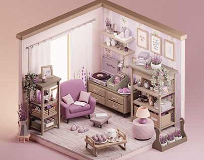 Cute soft isometric lavender room made in Blender