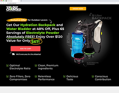 Hydtration backpack and Electrolyte mix landing page