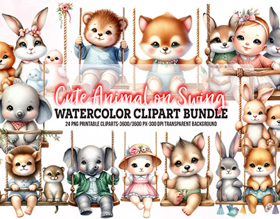 Baby Animals on Swings Clipart Bundle