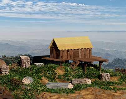Wooden house at the top of the Mountain 3D Model