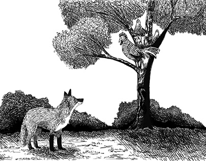 Ilustração da fábula "O Galo e a Raposa"