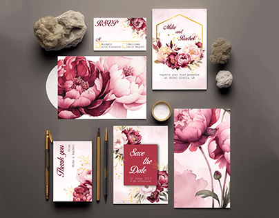 Watercolor peony floral Invitation card set